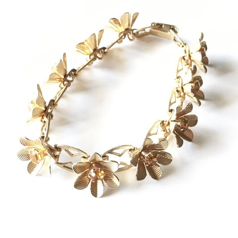 Coro flower bracelet 1950s vintage gold yellow rhinestone