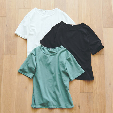 ﾓﾘﾉｶﾞｯｺｳ 素肌よろこぶ大人のTシャツ福袋3点セット【ベーシックtシャツ・白、黒、グリーン3点】
