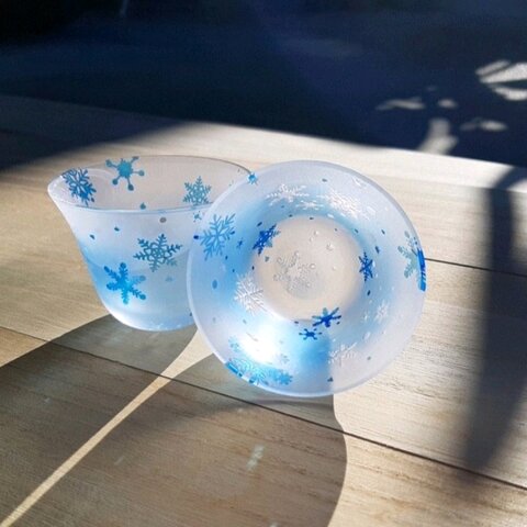 【受注生産】雪の結晶 天開ぐい呑み サンドブラスト 冬グラス 単品